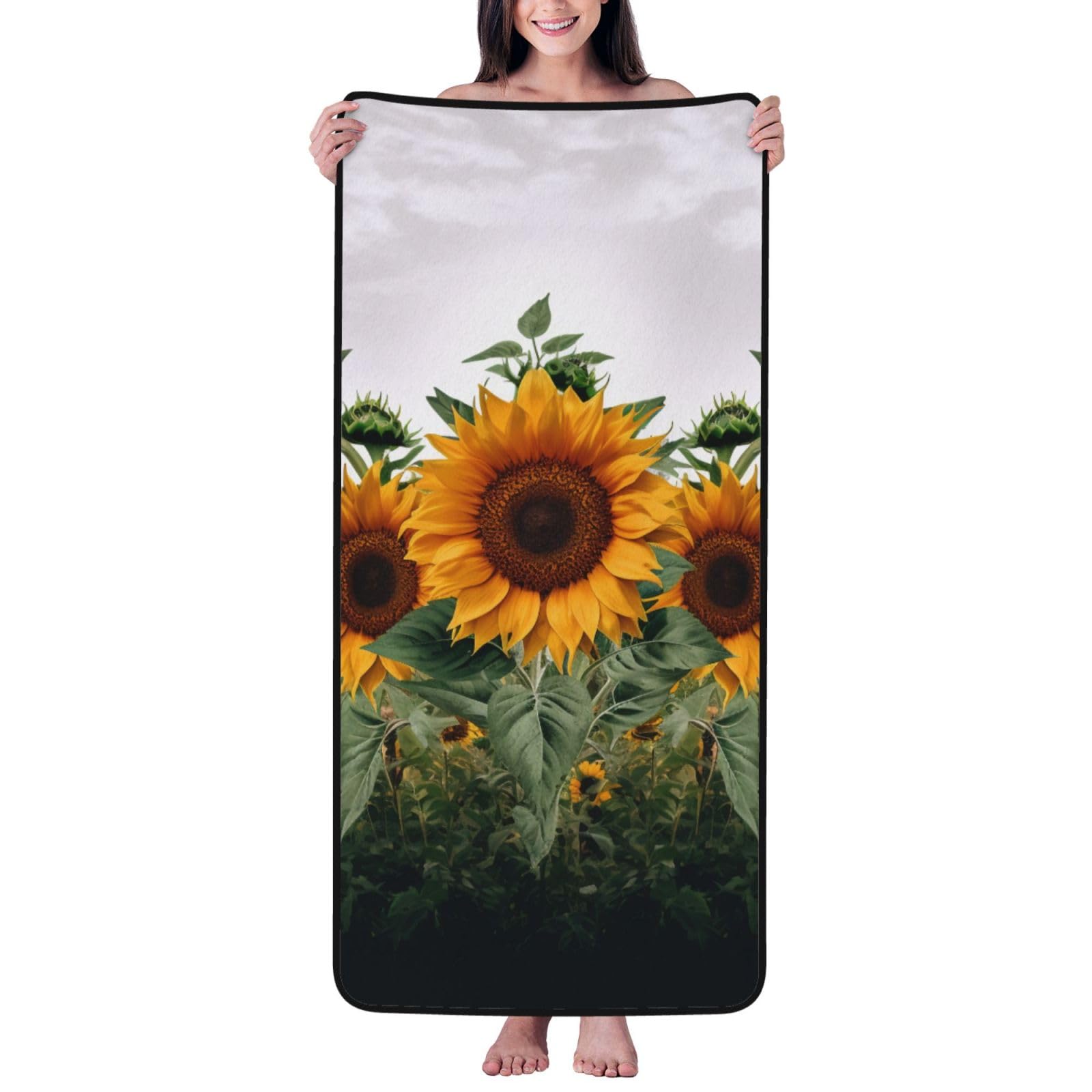 WPKJU Sunflowers Printed Bath Towel with Black Edging - 27x55 in Soft Extra Absorbent Coral Velvet Shower Towels for Bathroom