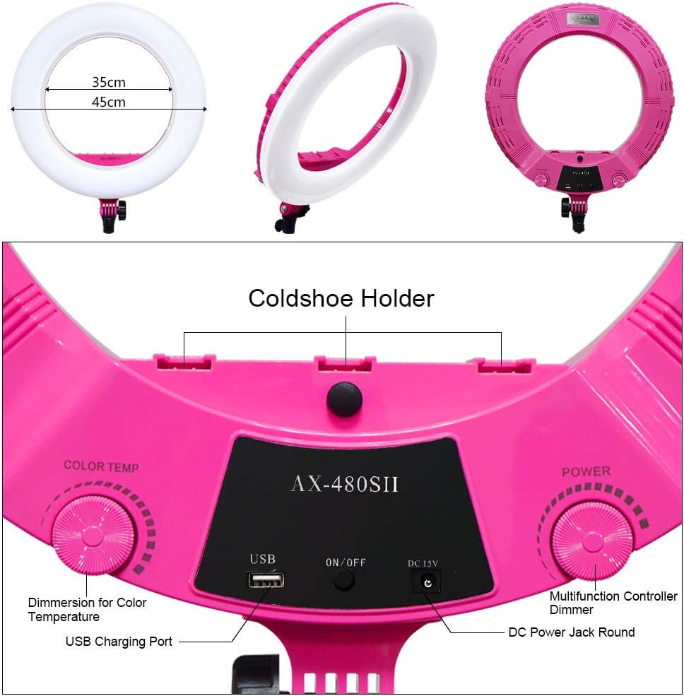 Ring Light Kit [Upgraded Version-1.8cm Ultra Slim]-18 inches,3200-5600K,Dimmable LED Ring Light with Light Stand, Phone Clip,Hot Shoe Adapter for Portrait Makeup Video Shooting (S Rose red)