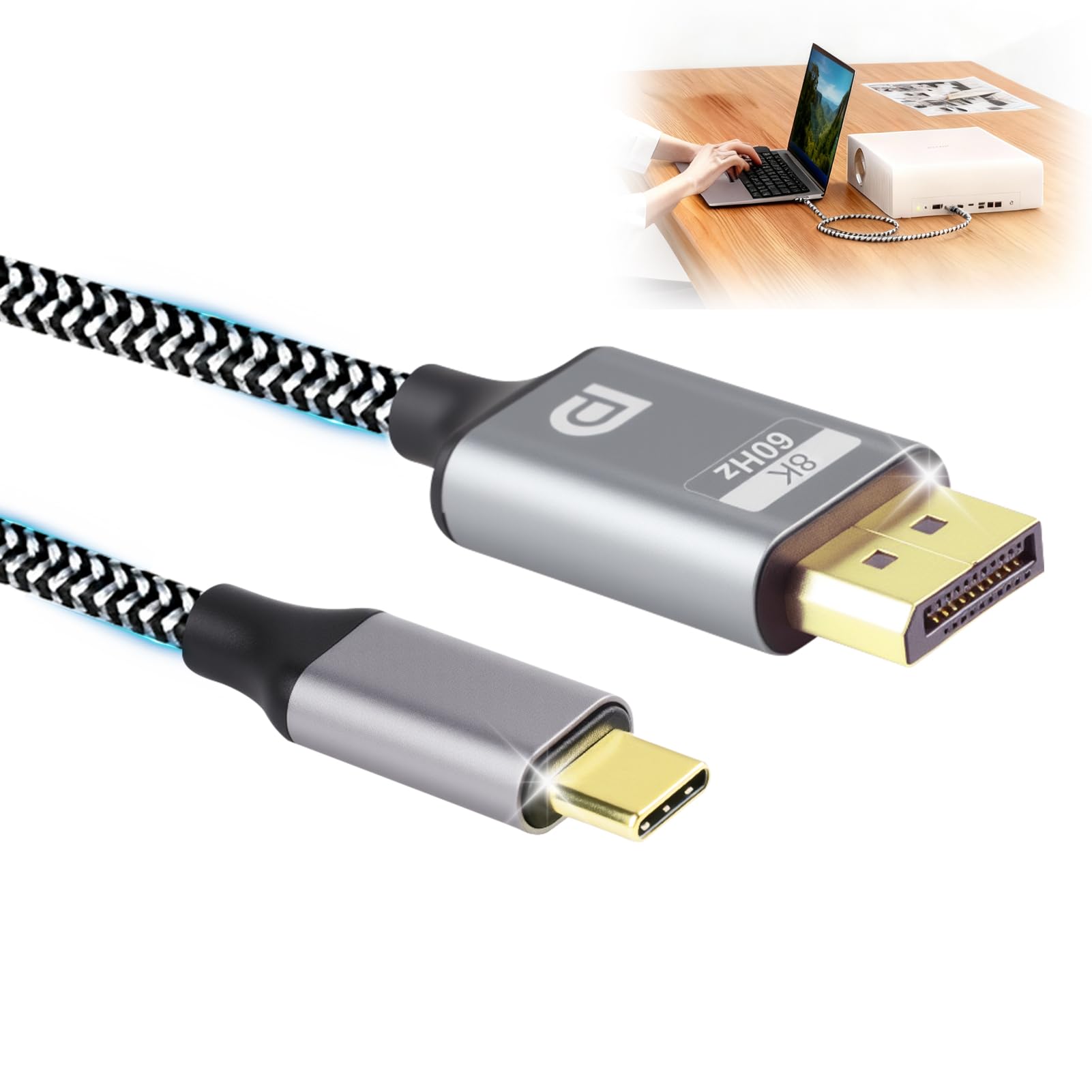 Cable USB C a DisplayPort 8K @60Hz 1,8M Tipo C para Thunderbolt 3/4 a DP1.4 Cable HDR VRR 26Gbps para iPhone 15/16 Pro Max MacBook iPad Pro Air M2 Mac mini M4 Surface Pro Pro