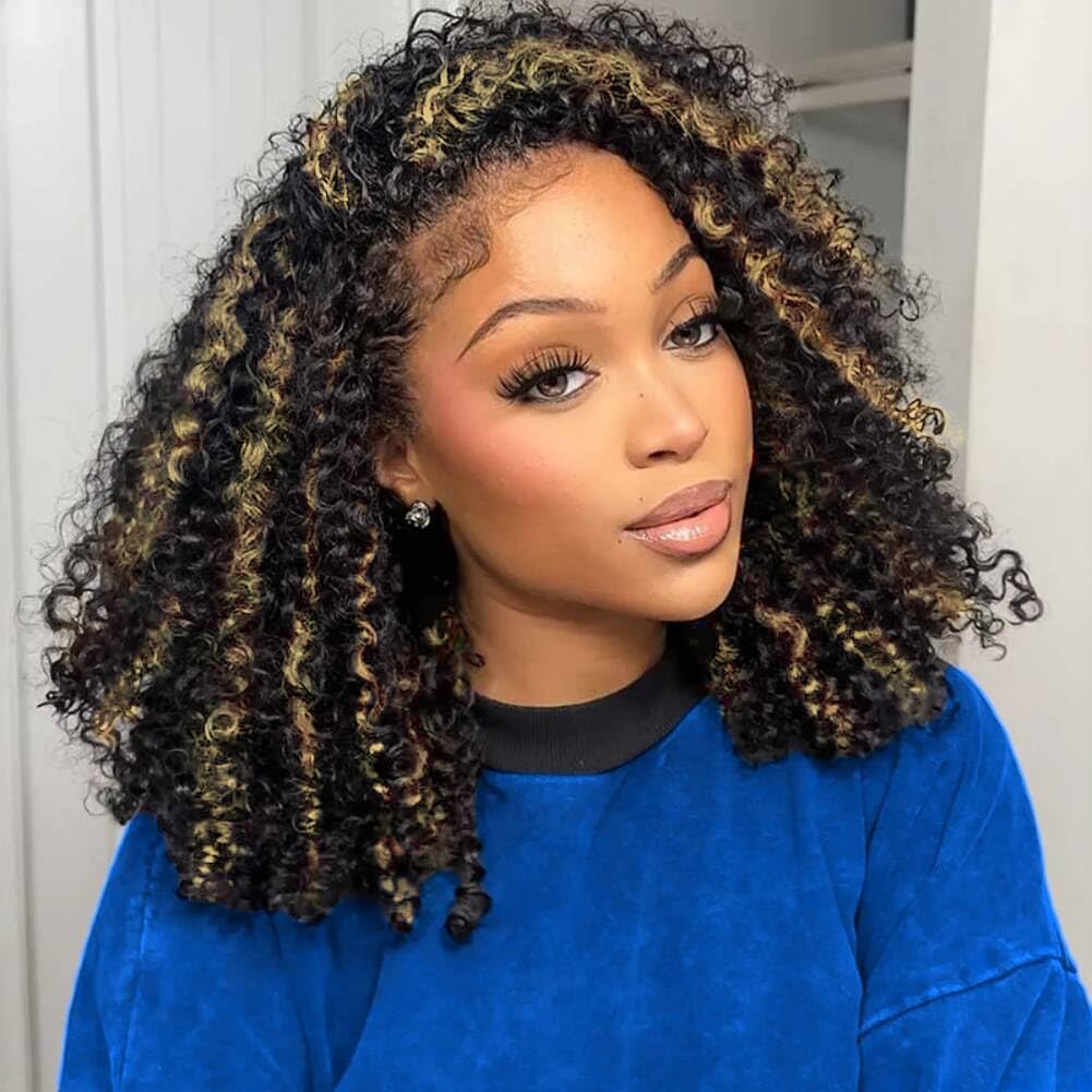 FKFO 250% Density Kinky Curly Half Wig Human Hair Glueless Wigs Upgrade 3 IN 1 Highlight 1b/27 Half Wig With Drawstring Seamless Clip Ins Flip Over Kinky Curly Human Hair No Glue No Lace 16 Inch