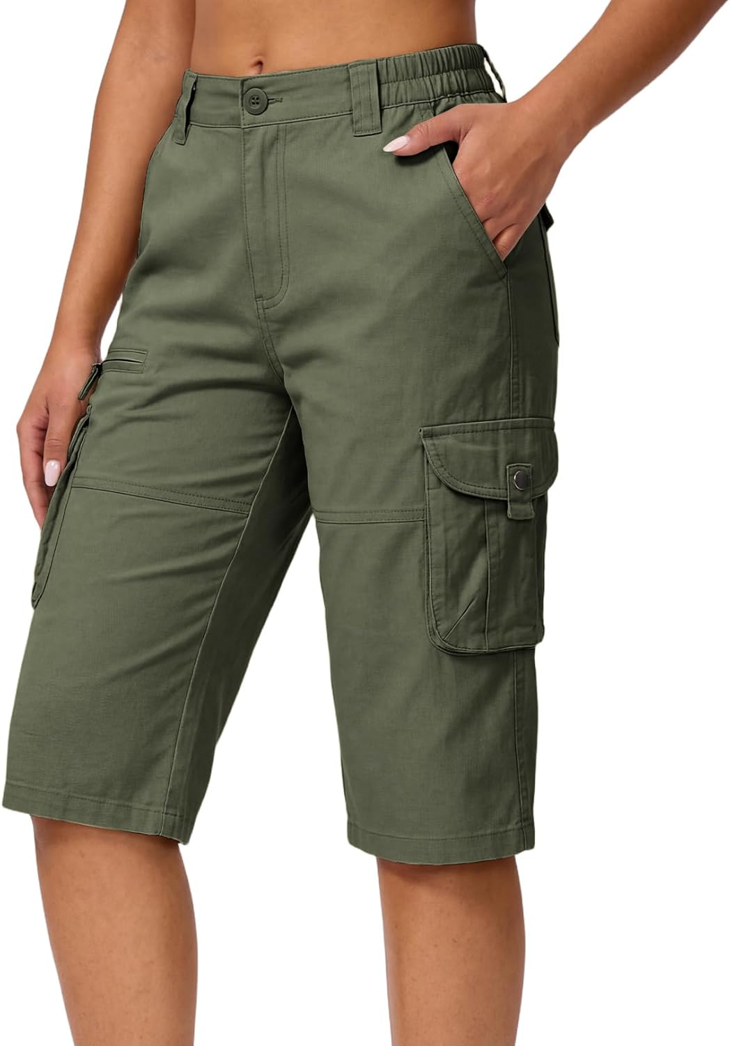 Cotton Capri Hiking Shorts Mid Rise Womens Cargo Shorts Casual Travel Outdoor Shorts with Multi-Pockets Elastic Waist