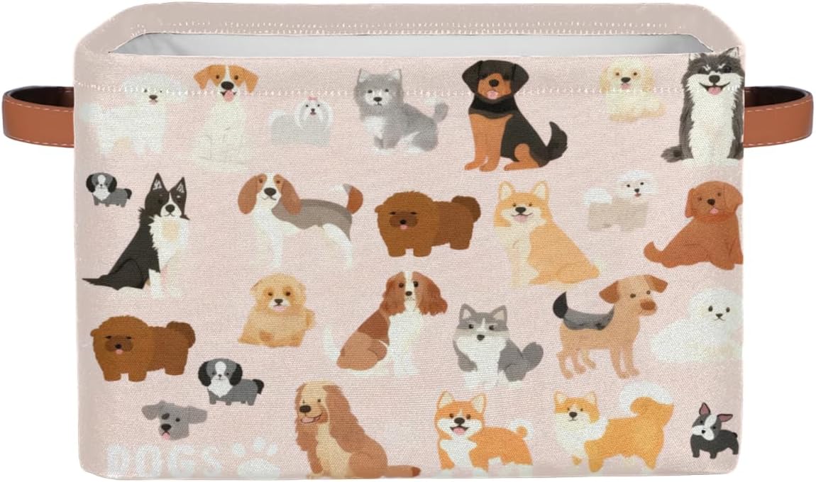 cfpolar Storage Baskets with Handles, Cute Dogs Pink Storage Cube Rectangular Fabric Collapsible Toy Storage Bin Organizer for Closet Shelf Laundry Nursery Kids Bedroom, 15x11x9.5 In