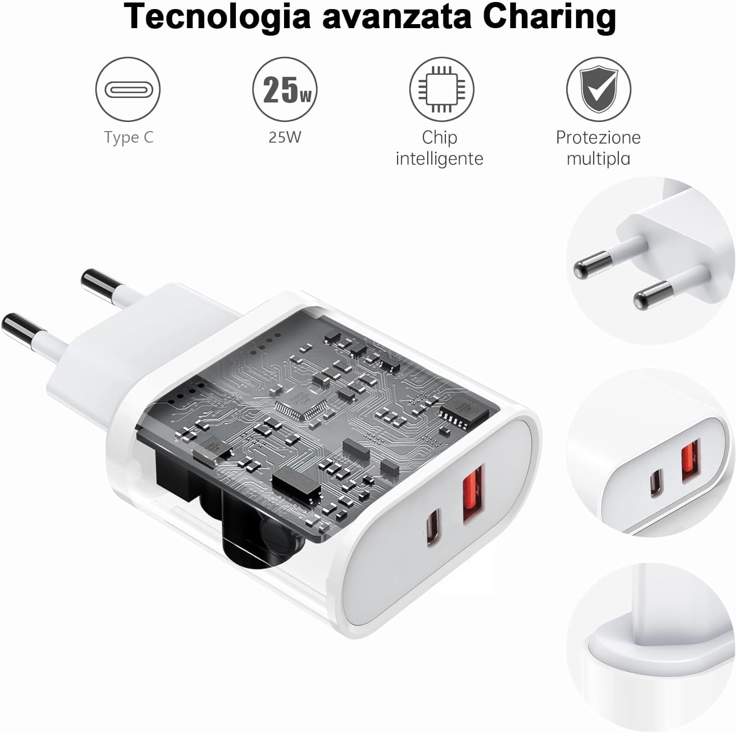 Caricatore USB-C/A, 25W Rapido Caricabatterie per iPhone 15/15 Plus/15 Pro Max/14/14 Plus/13/12/11,iPad,USB-C/A Presa Alimentatore Spina Ricarica Adattatore Muro Carica Spinotto(Cavo Non Incluso)