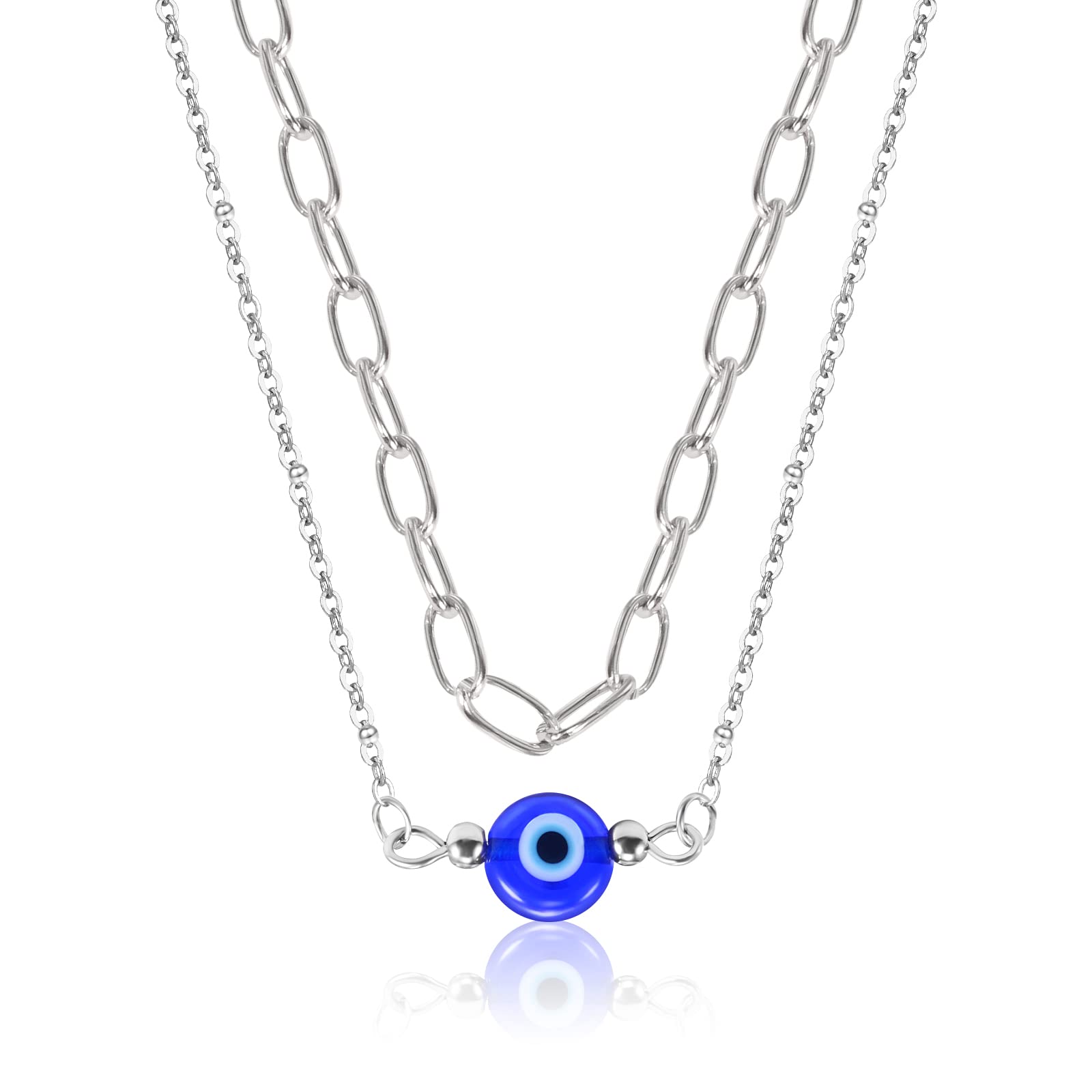 MANVENEvil Eye Necklace Blue Eye Pendant 14K Gold Plated Necklaces Amulet Turkish Eye Protection Lucky Double Layered Necklace Jewelry Gifts For Women Girls