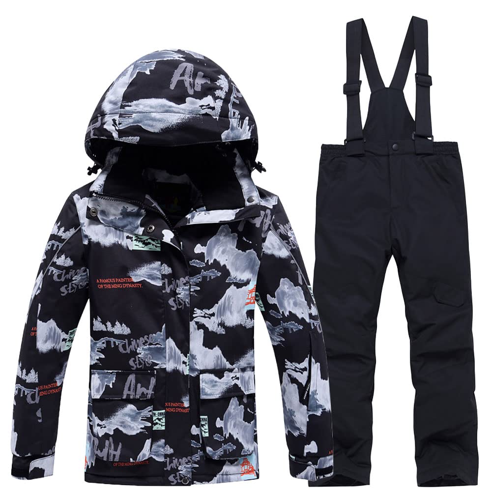 Unisex Kinder Skianzug mit Kapuze Schneeanzug Mädchen Jungen Funktionsanzug 2 teilig Schneejacke + Schneehose Wasserdicht Verdickte