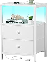 BOLUO Modern White Nightstand with Charging Station, 2 Fabric Drawers, USB Ports, Outlets & LED Lights - Bedside Table for Bedroom