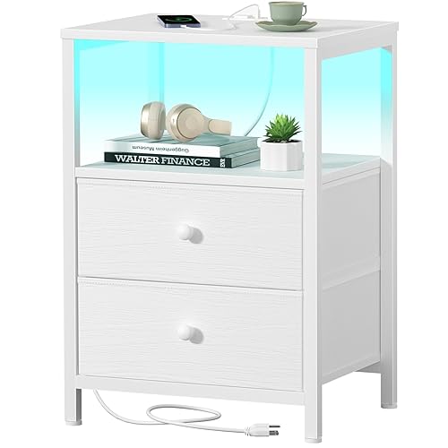 BOLUO White Nightstand with Charging Station, LED Night Stand with 2 Fabric Drawers, Bedside Table with USB Ports and Outlets, Nightstand for Bedroom Modern - 11.8"D x 15.7"W x 23.6"H(2 drawers) - A.white - 1