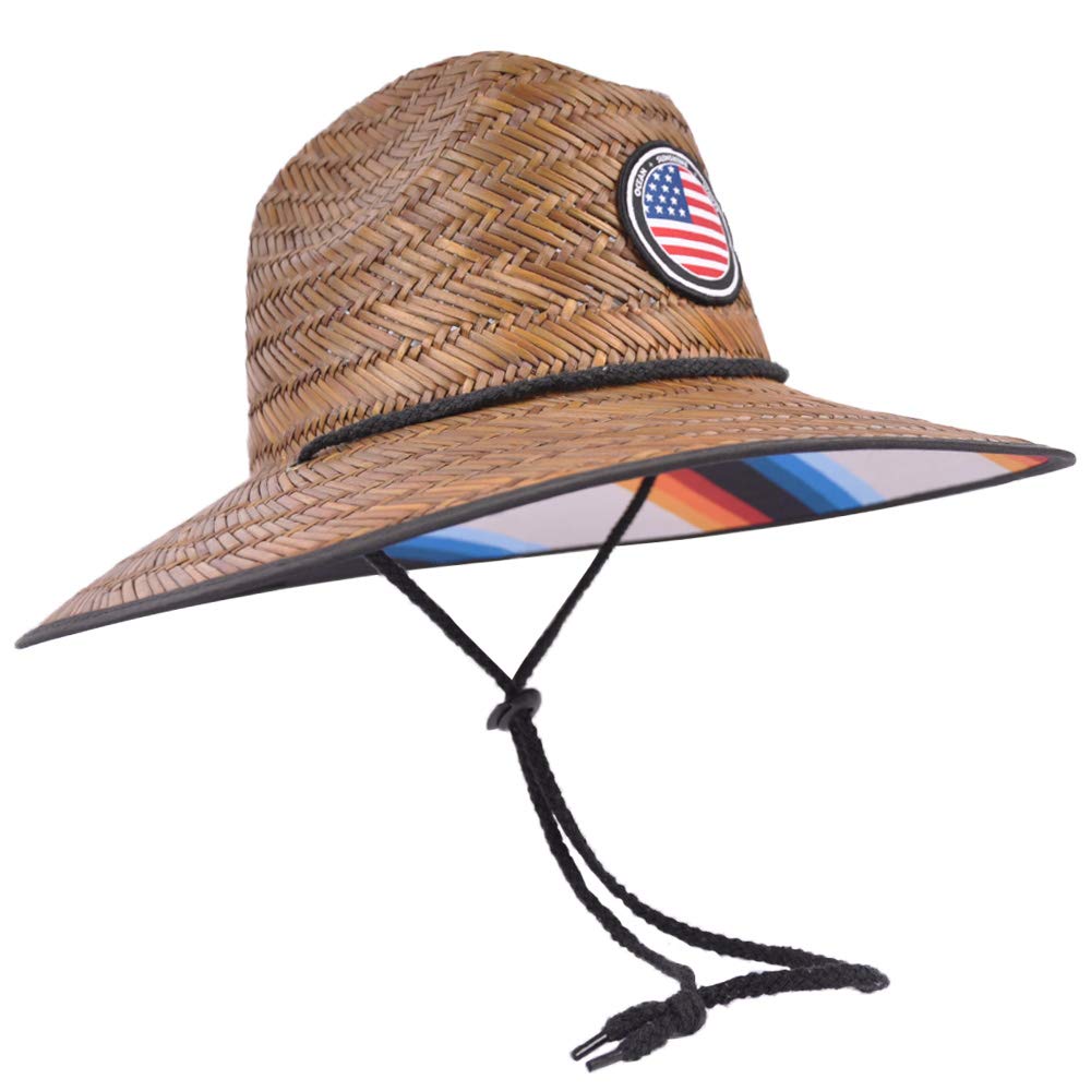 Straw Hats for Men,Straw Lifeguard hat UPF 50+ Beach Classic Straw Outdoor Fishing Sun Hat with Wide Brim