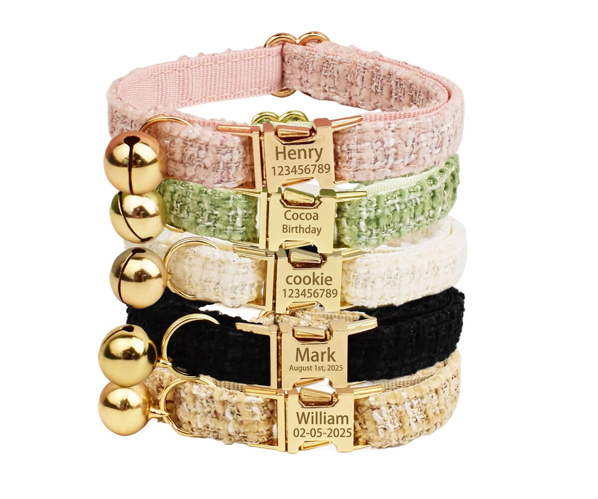 Personalized Cat Collar with Engraved Name and Phone Number - Customizable Kitten Collars for Girls (Tweed) — image 1