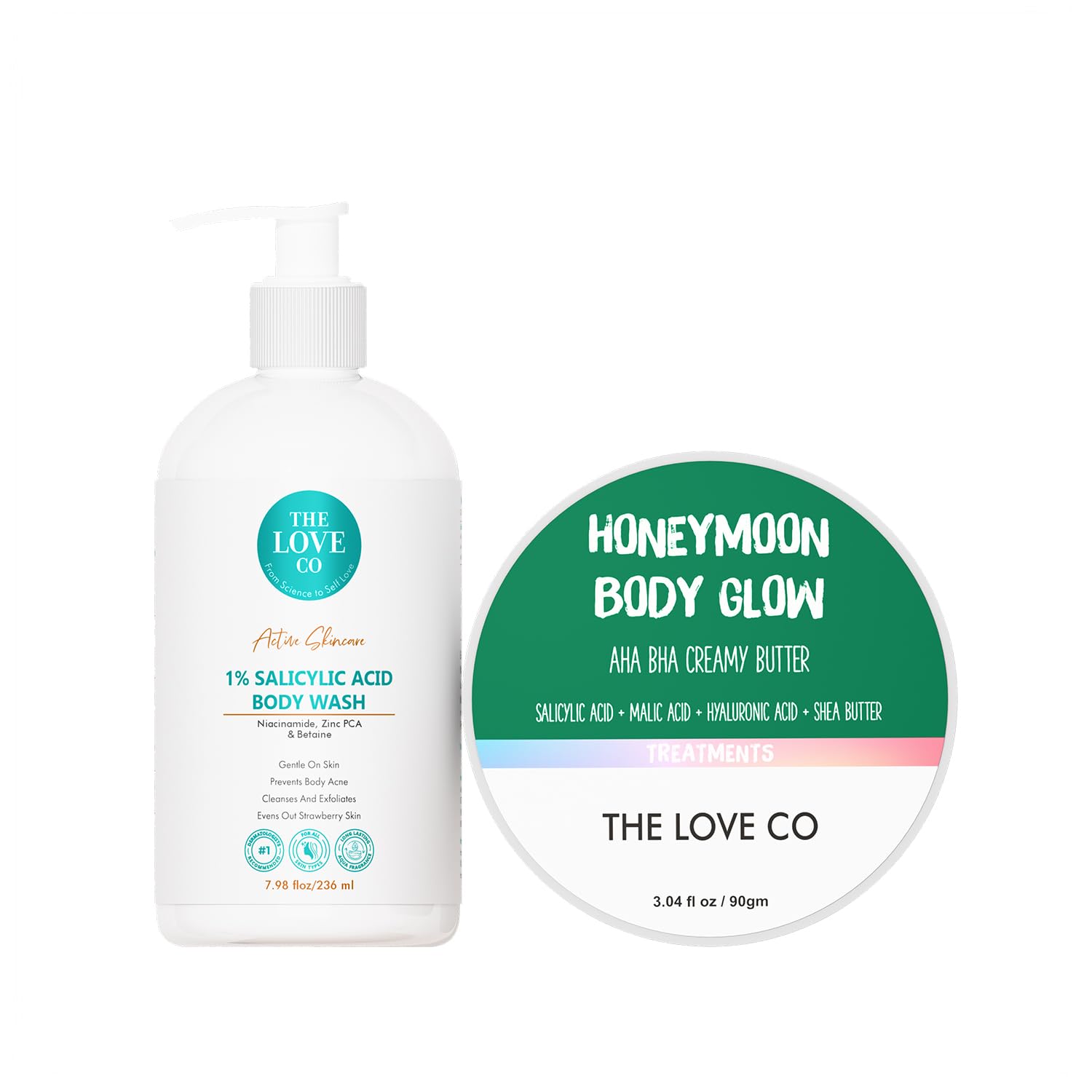 THE LOVE CO 02% Salicylic Acid Body Wash +10% AHA + 2% BHA Body Butter - Body & Back Acne | Prevents Dry, Rough, Bumpy, and Strawberry Skin | Deep Cleanses Skin - Combo Pack of 2