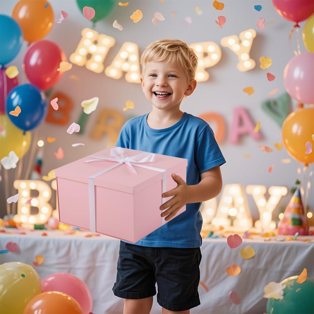 UoeRing Confezione da 2 scatole regalo grandi, 33 x 33 x 17 cm, per bomboniere nuziali, set di confezioni regalo di Natale con nastri e biglietti (rosa)