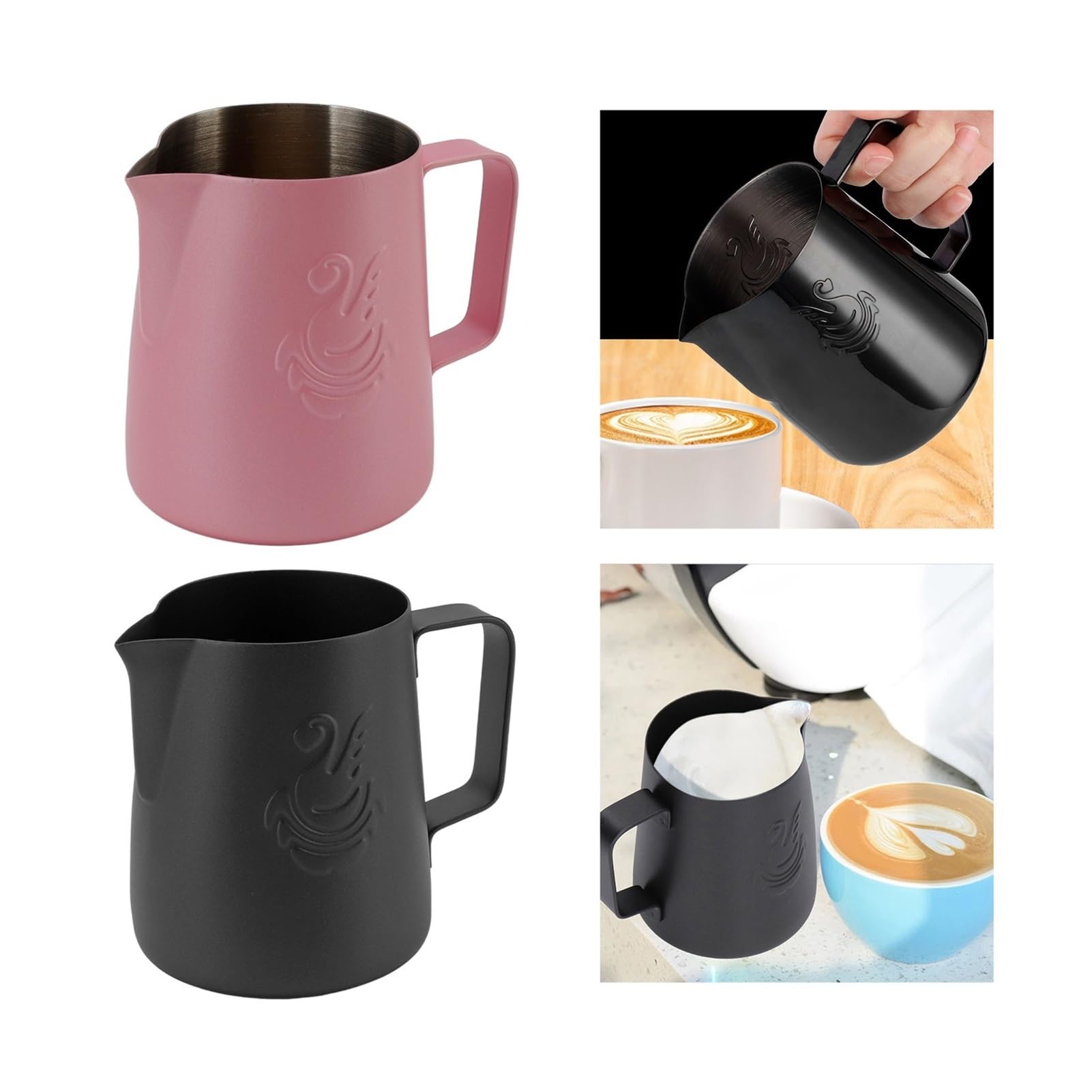 Jarra for espumar leche al vapor de 380ml, jarra antiadherente acero inoxidable, taza con forma flor(Black)