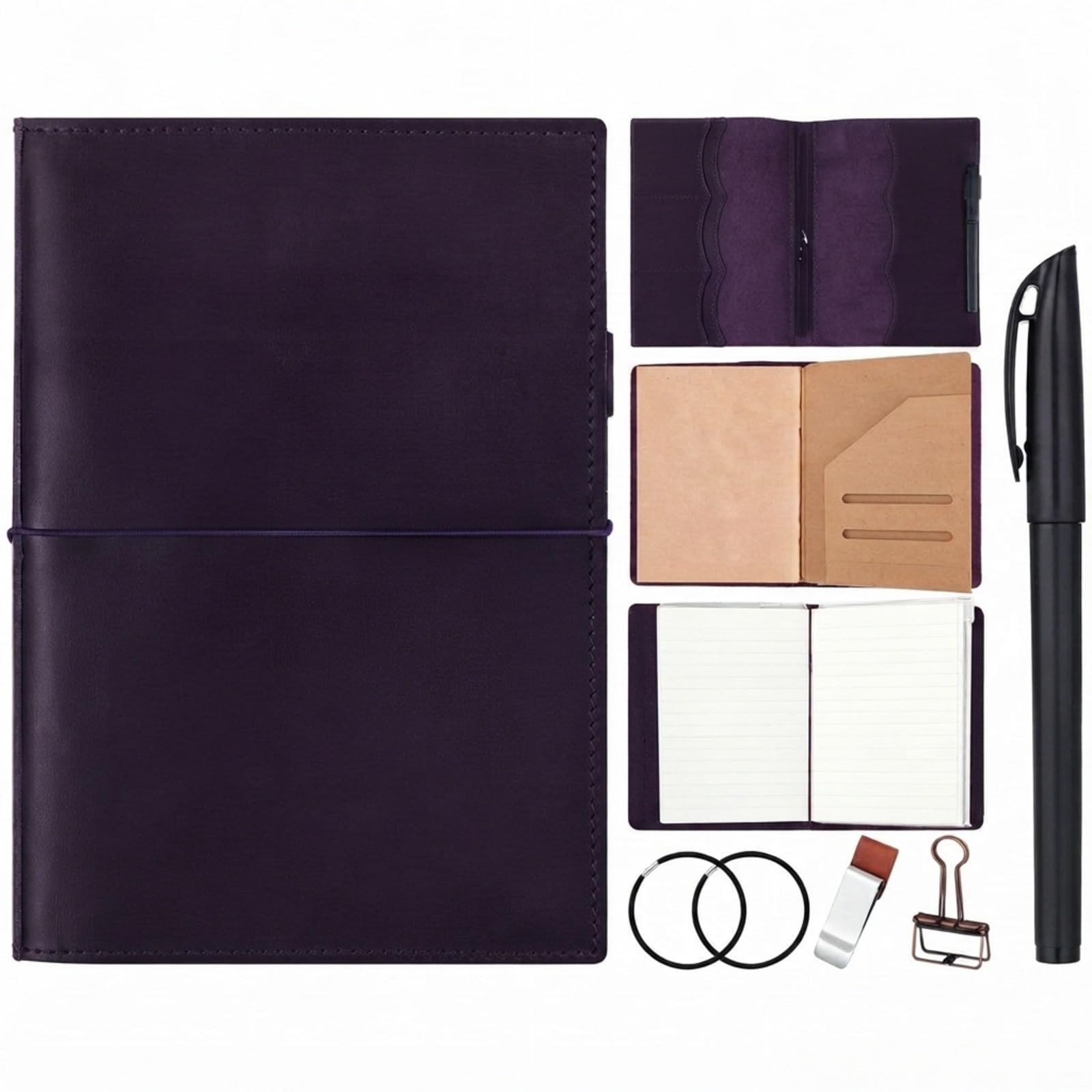 Eaasty Funda de cuero para cuaderno de viajeros A5 con bolsillos interiores, ranuras para tarjetas y soporte para bolígrafos, inserciones de diario de viajero, carpeta de PVC, clip de carpeta y bandas