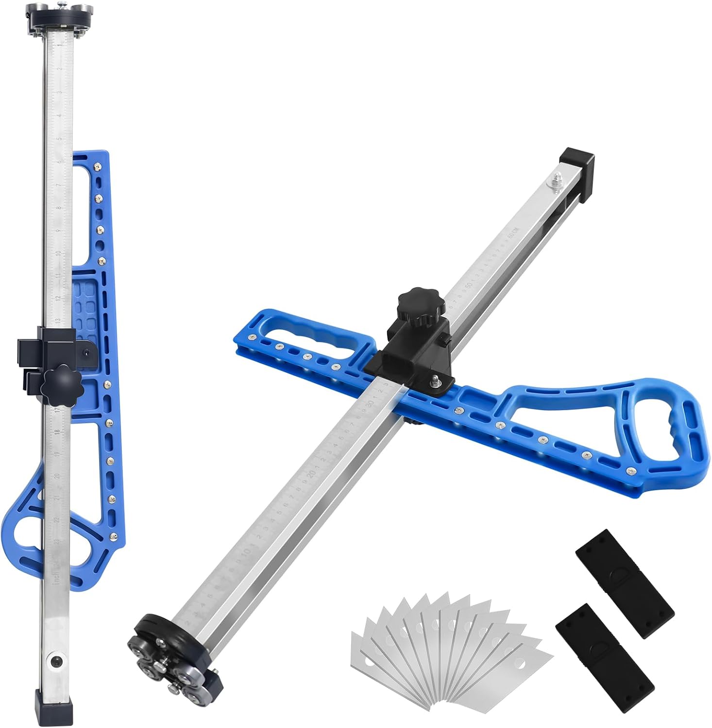 Drywall Cutting Tool, Foldable Drywall Cutter, 1.5 to 60cm Dual-Scale (cm & in) Gypsum Board Cutter with 12pcs trapezoidal blades, Fit 1/4" 3/8" 1/2" 5/8" Plasterboard