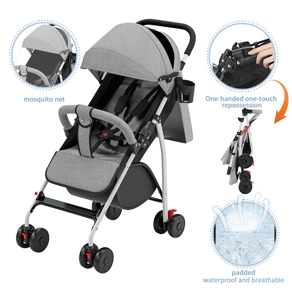 poussette canne compacte, 0 à 4 ans (30kg max), légère (4,8 kg), poussette canne bebe confort,pliable compacte et inclinable,avec coton, porte-gobelet, pare-soleil (Gris)