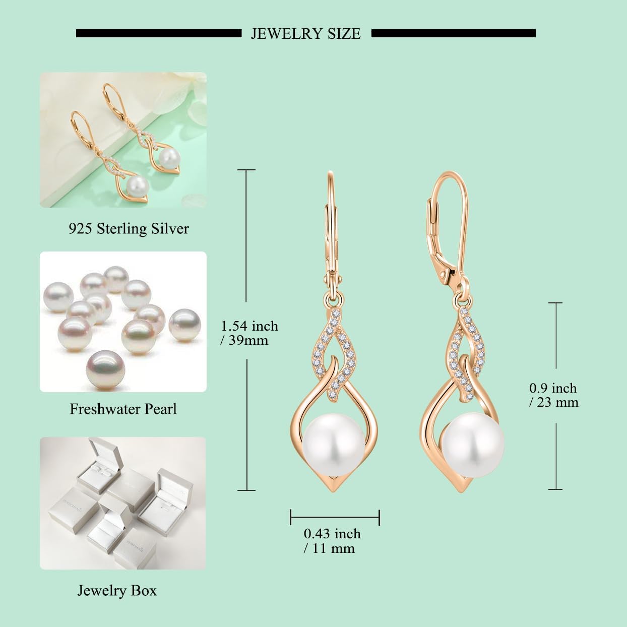 Starchenie Infinity Pearl Dangle Drop Earrings 925 Sterling Silver Rose Gold/18k Gold Plated Leverback Earrings Jewelry Gift for Women - Image 6