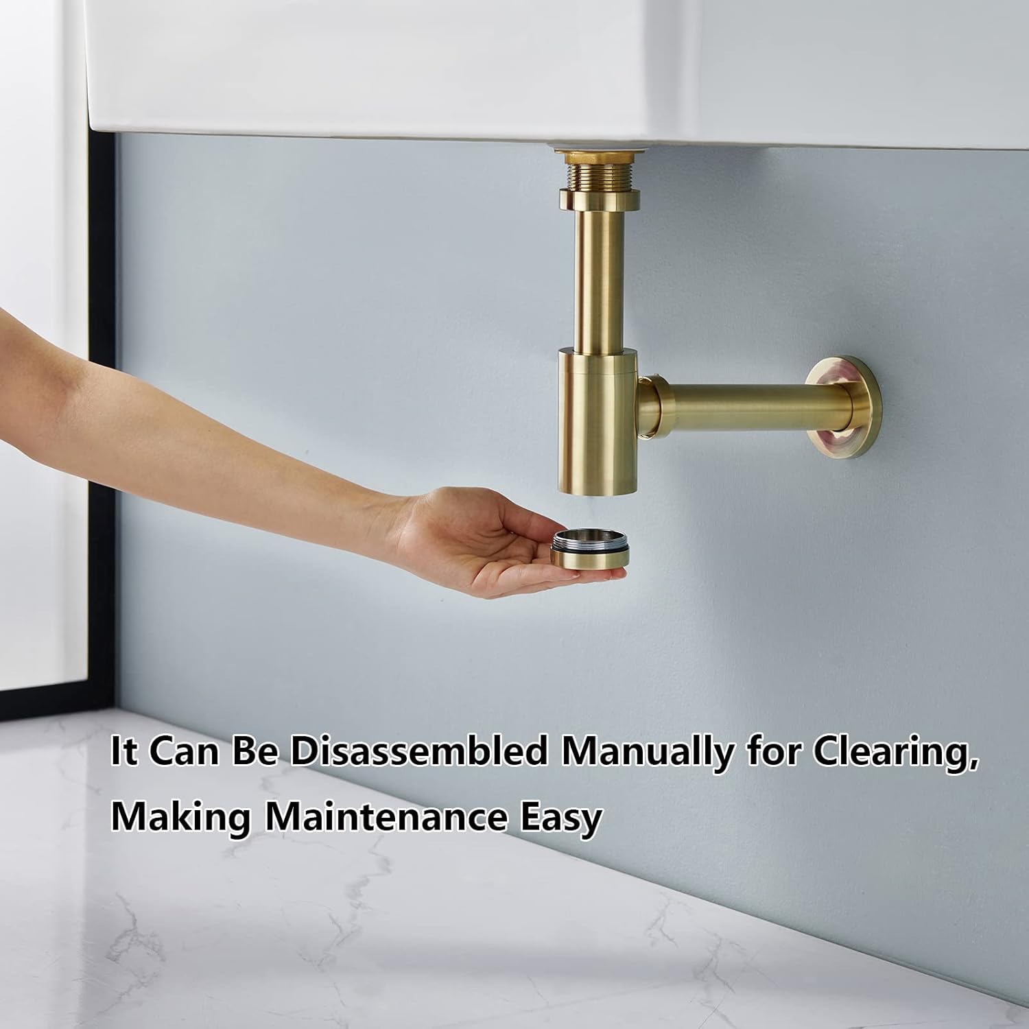 Brass P Trap Bathroom Sink: 1-1/4 Sink Trap with Adjustable Height - Brushed Gold Round Bottle P-Trap with Slip Joint Extension Tube - Basin Sink Stainless Steel Plumbing/Pipe Replacement Kit