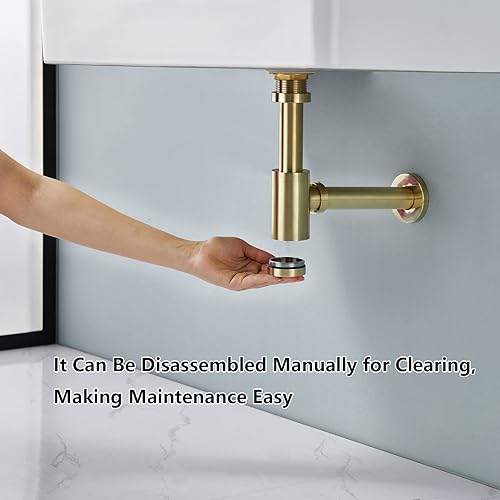 Miniatura 2 de Heixutas Fregadero de baño de latón P Trap Trampa para fregadero de 1-14 con altura ajustable - Trampa P de botella redonda de oro cepillado con