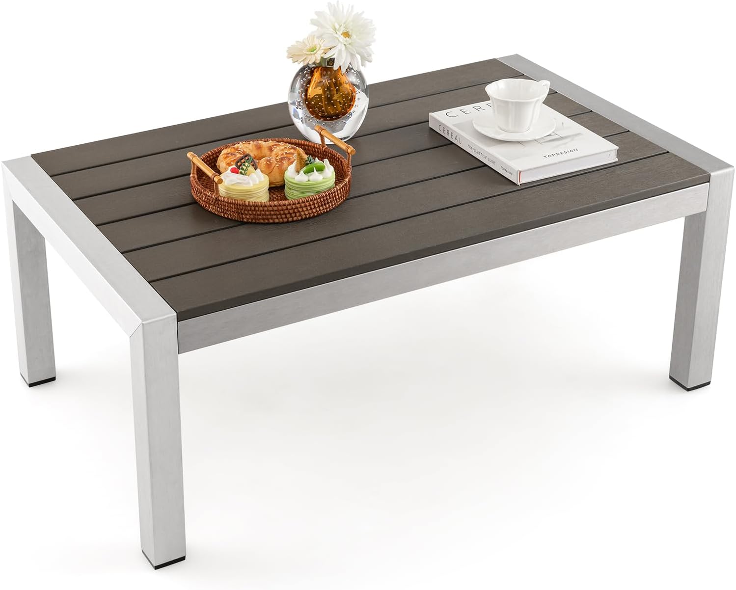 HAPPYGRILL Outdoor Coffee Table with Aluminum Frame, WPC Top Patio Side Tea Table, Home Rectangular Accent Cocktail Table, All-Weather Coffee Table for Patio, Poolside, Backyard