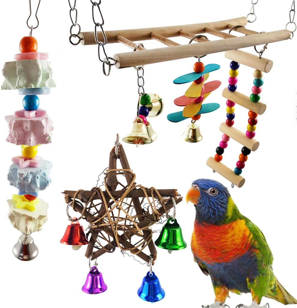 Aisamco 6 PCS Bird Swing Toy Parrrot Flexible Ladder Bird Hammock with Hanging Bell Parrot Chewing Grinding Stone for…