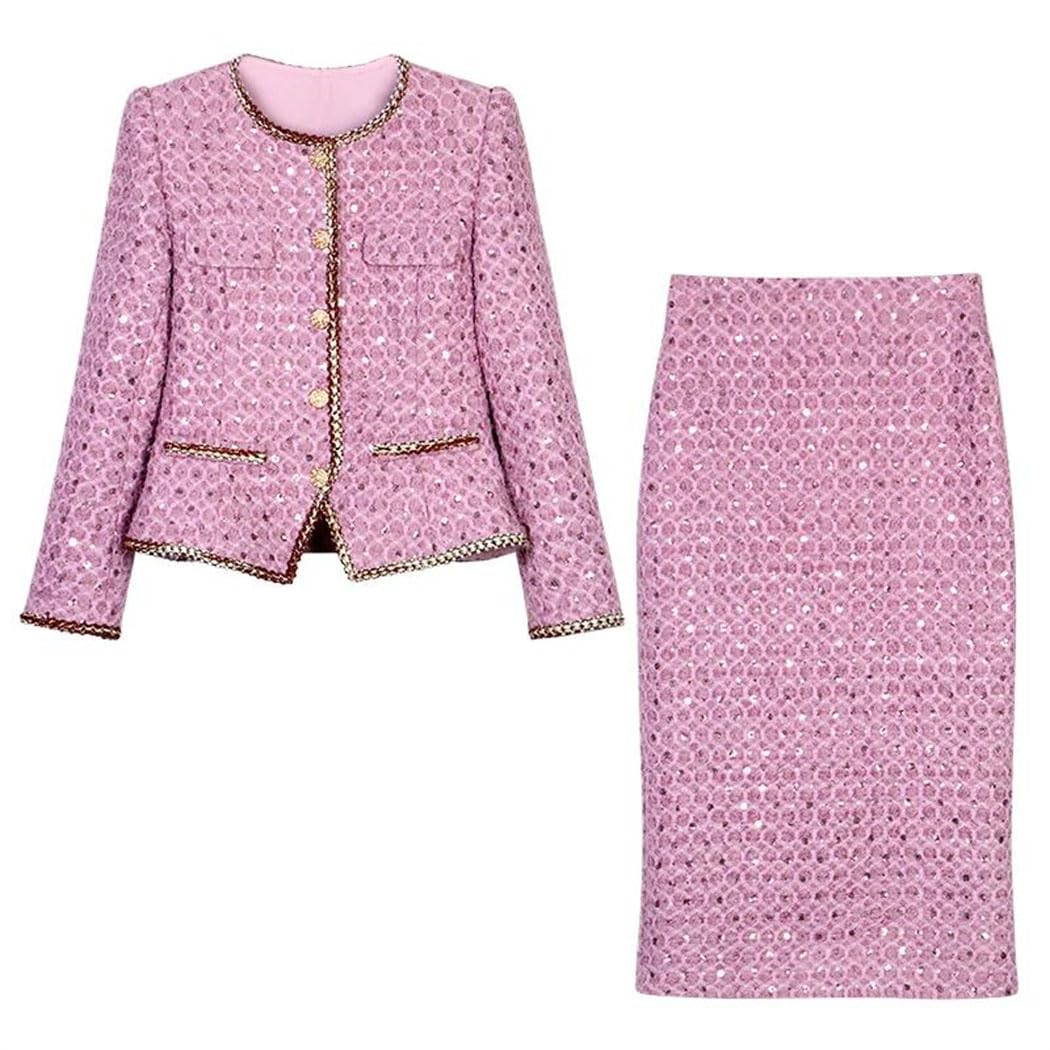 Women Tweed Jacket and Skirt Set Sequin Decor Elegant Two Piece Outfit