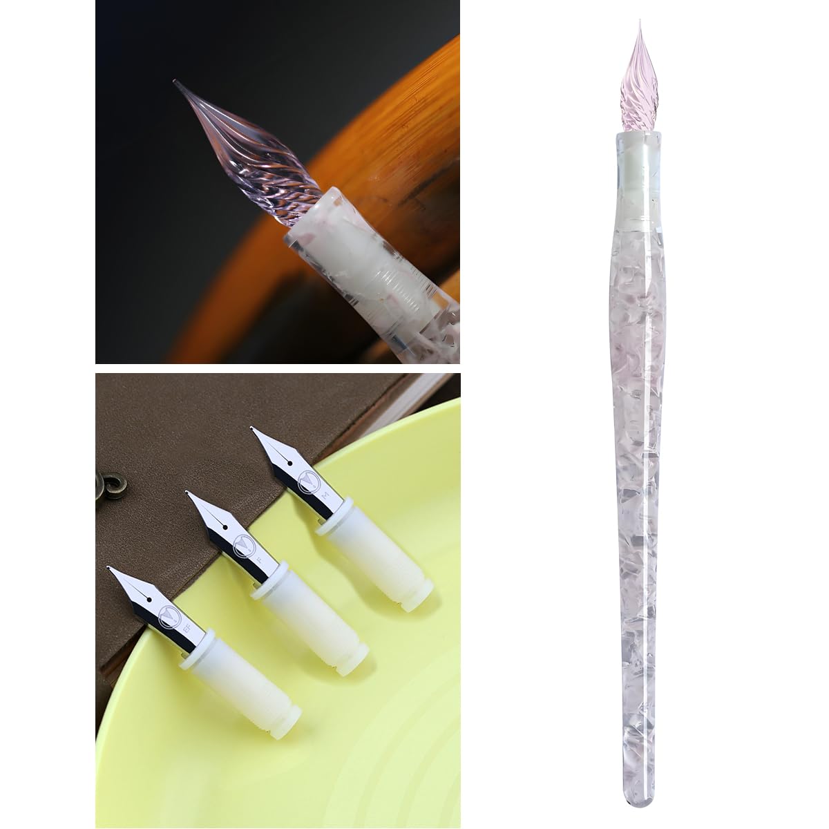 SIPLIV MAJOHN Multifunctional Dual-Purpose Pen Glass Nib Dip Pen with 3 Types Replacement Fountain Pen Nib, Resin Writing Signature Painting Pen - Pink - Image 2