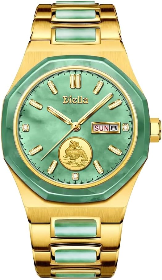 Diella Automatic Watches for Men Mens Watches Waterproof Date Luminous, Dial is Inlaid with Emerald Jade, Crown with Sapphire Automatic Watches for Men Luxurious Gift(AD6076-G)