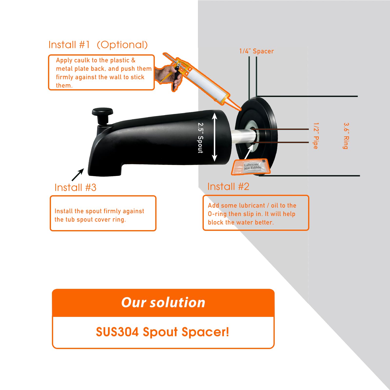 Hwalu 1/4" Thick SUS304 Tub Spout Cover Ring, Bathtub Faucet Surround Sealing Spacer Plate Bath Shower Remodel Trim Faceplate Gasket Matte Black - View #2