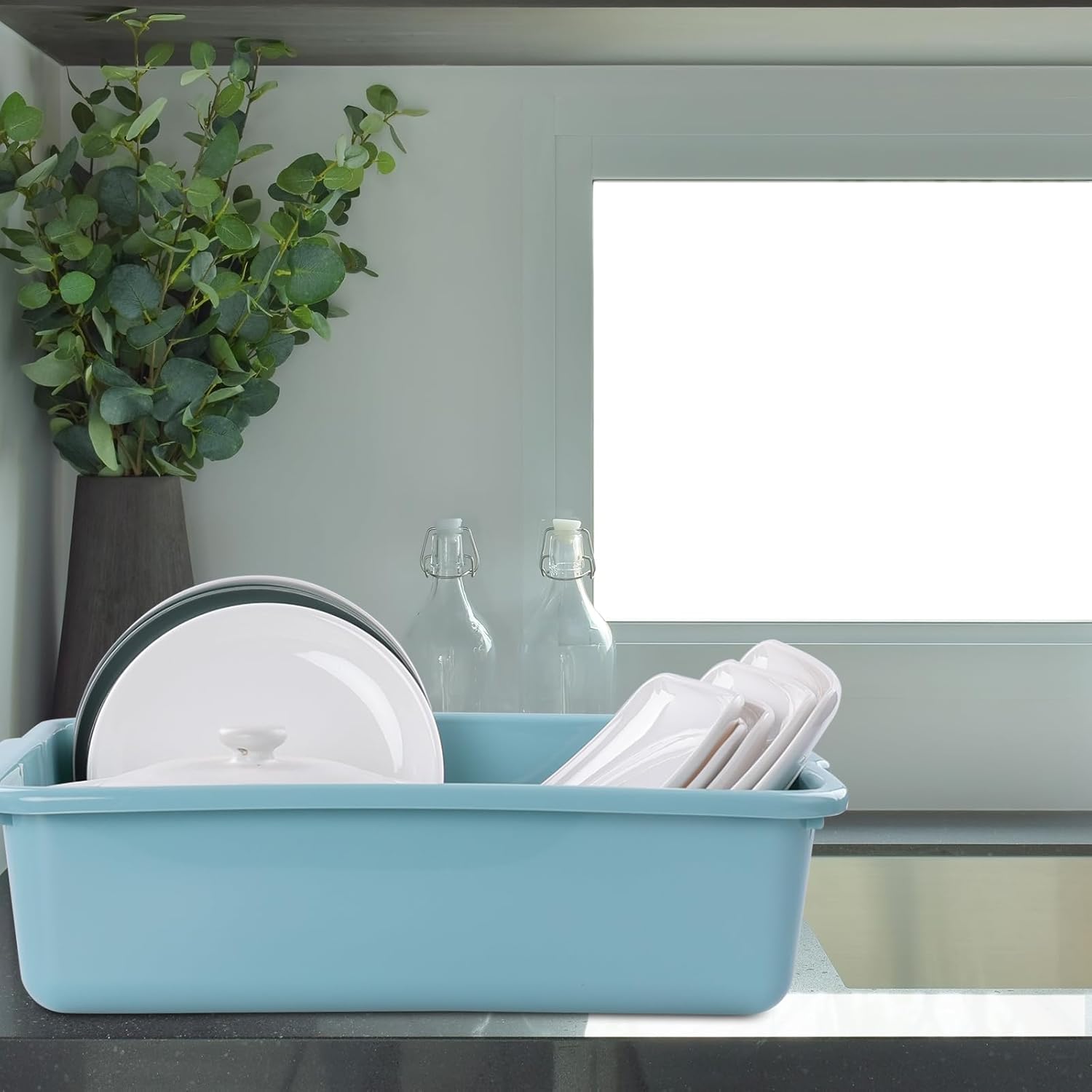 Inhouse 4 Packs Commercial Food Serving Bus Tub, 13 L Small Wash Basin Dishpan, Mint Green