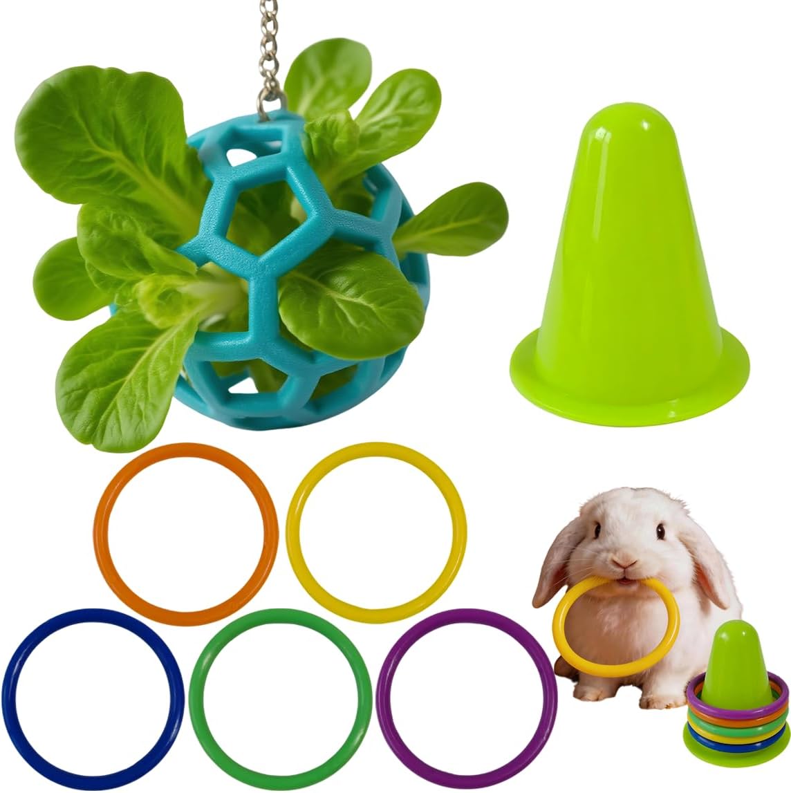Rabbit Treat Ball, Bunny Enrichment Toy with Stainless Steel Hanger Set, Veggie Feeding Rabbit Ball Toy to Slow Feeder for Bunny, Guinea Pig, Hedgehog, Squirrel, Tortoise (Style2-Blue)