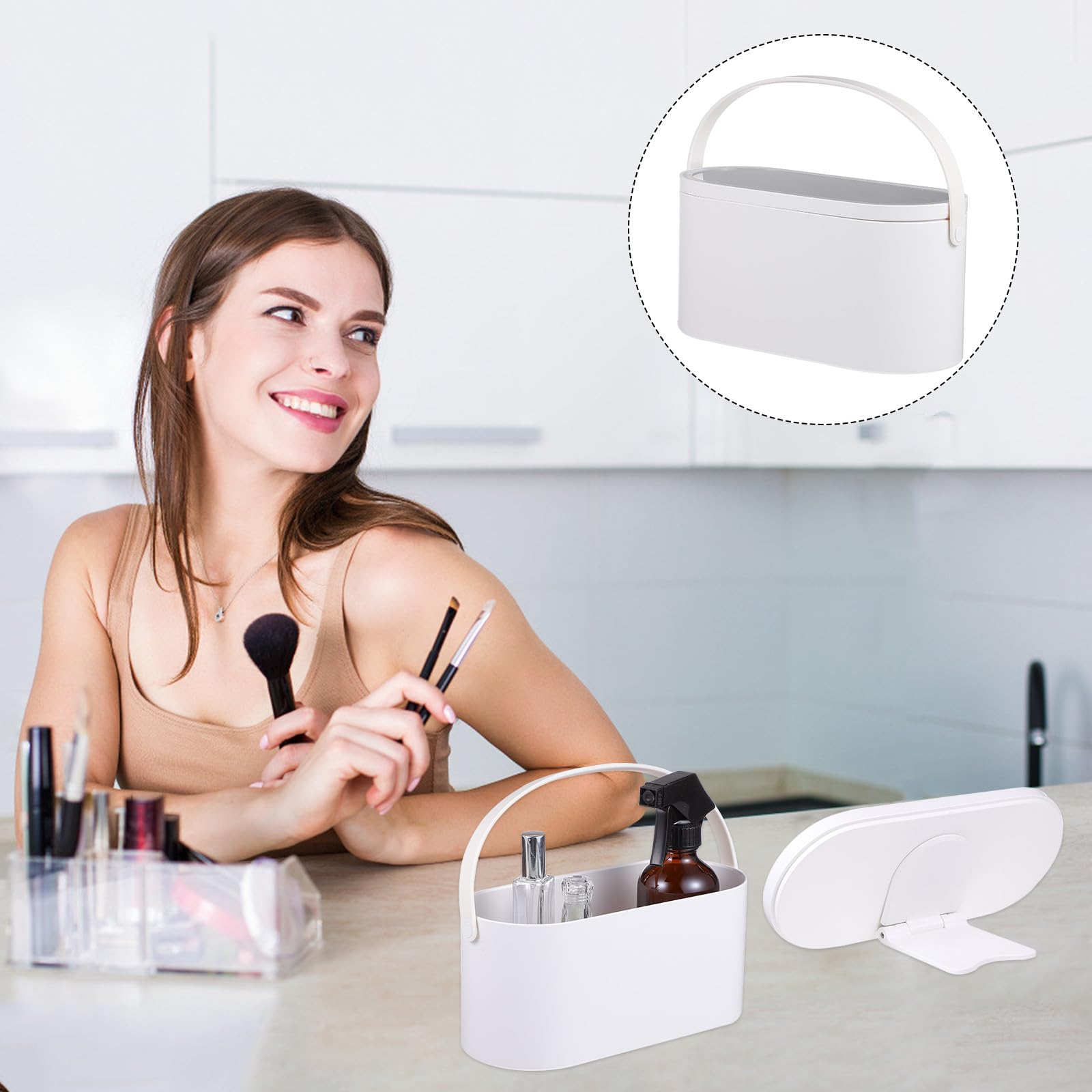 Make Up Organizer Etui mit LED Spiegel Tragbarer Kosmetikkoffer aus Bruchsicherem Kunststoff Klappbarer Schminkspiegel für Reisen und Outdoor