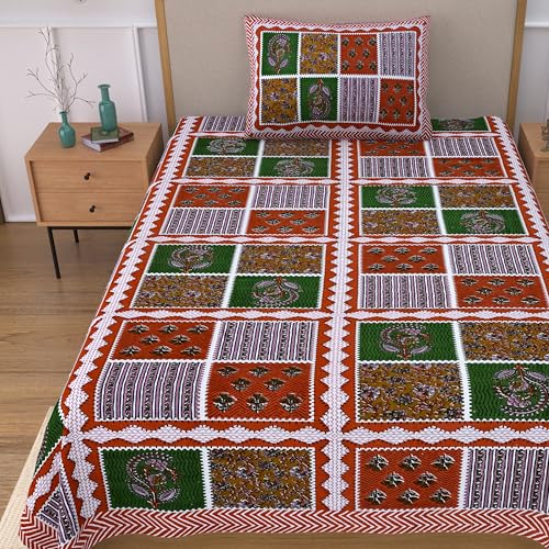 Image of 100% Cotton Single Bedsheet with 1 Pillow Cover | 240 TC Pure Cotton Flat Bed Sheet | Traditional Jaipuri Printed Bedding Set | Soft & Breathable | 60 x 90 Inch (Rangmahal Single 63)