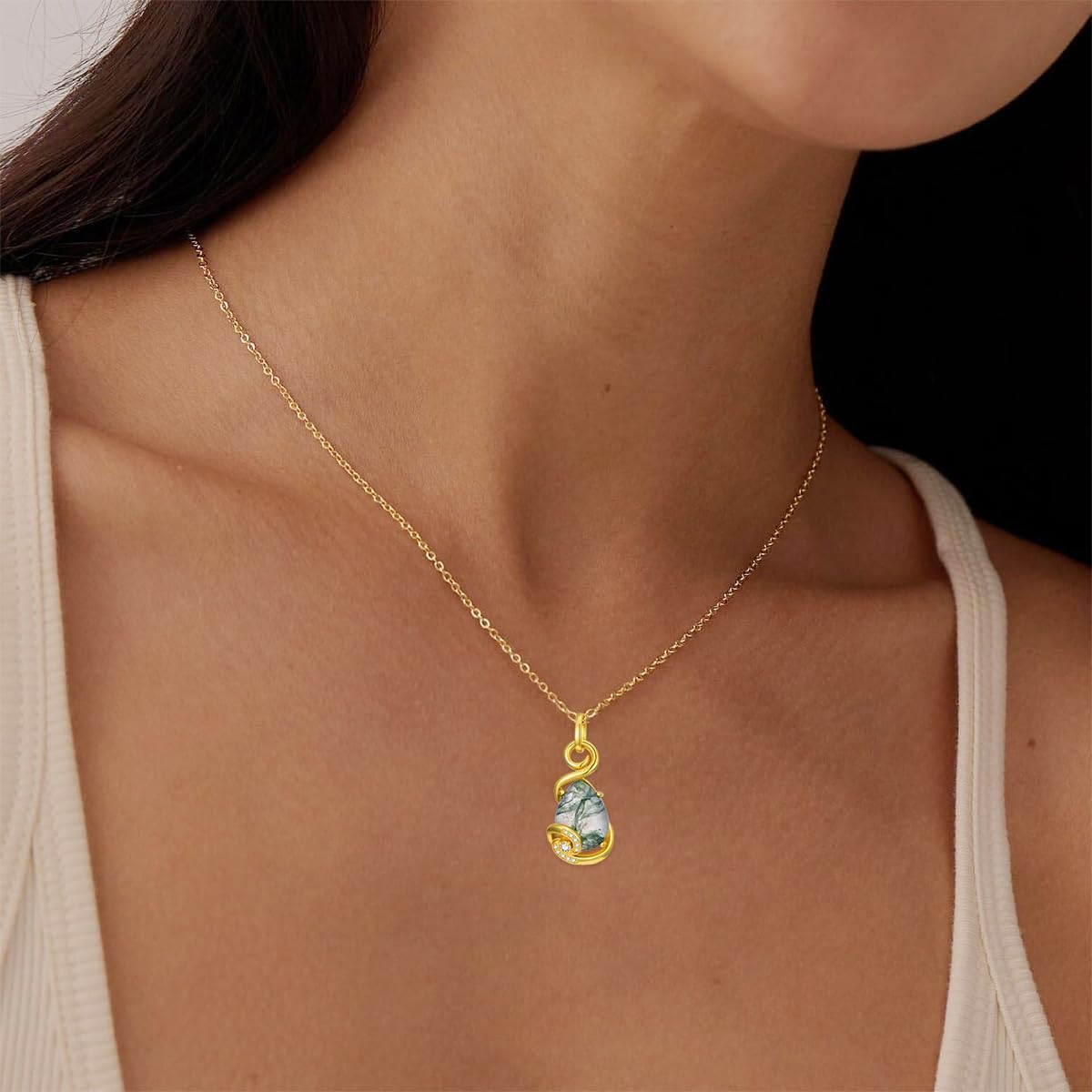 14K Gold Plated Moss Agate Genuine Diamond Necklace Dainty Pear Natural Moss Agate Pendant Necklace Diamond Jewelry Anniversary Birthday Christmas Gifts for Women Mom Her - Image 3