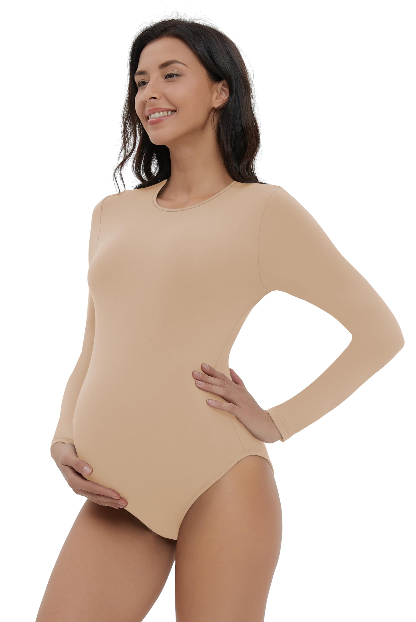 Foucome Body de maternité à manches longues et col rond pour femme - Vêtement de grossesse - Haut extensible - Coupe ajustée