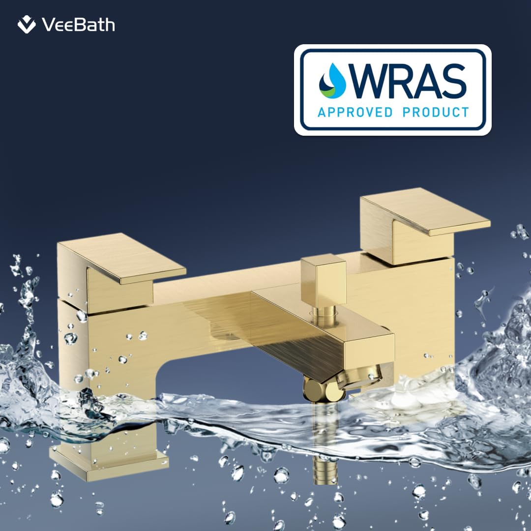 VeeBath Mist Bath Shower Mixer, Brushed Brass Finish with Square Showerhead, Dual Lever Control, G3/4" BSP Inlet - Image 4