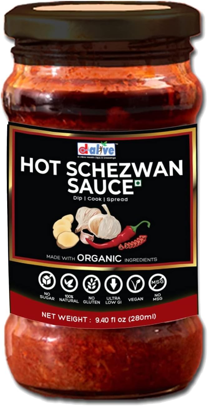 D-Alive Hot Schezwan Sauce (Organic, 100% Natural, Sugar-Free, Gluten-Free, Low Carb, Vegan, Diabetes & Keto Friendly) - 280g