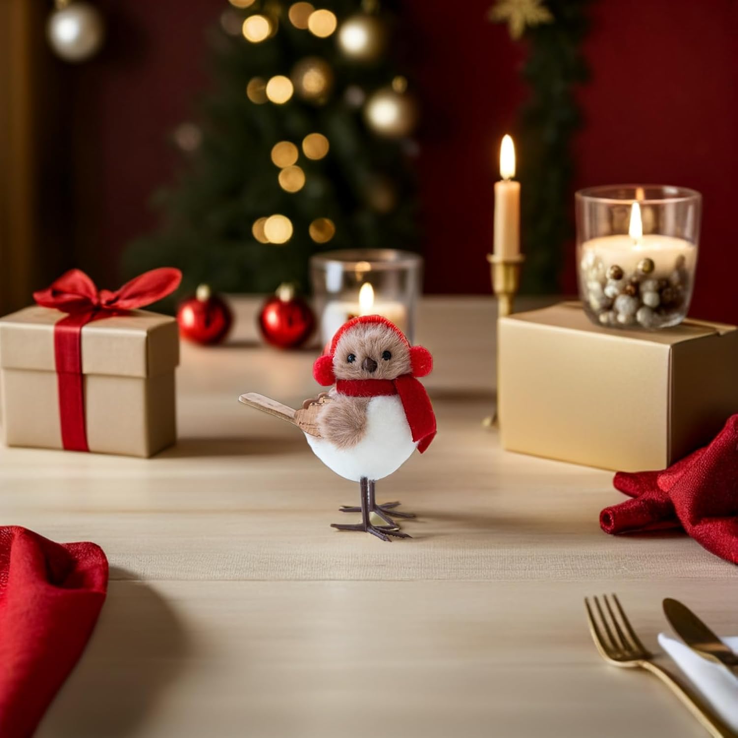 LOGOFUN 6PCS Christmas Tree Ornament Standing Bird Figurines with Scarf Hat for Xmas Holiday Festival Party Decorations