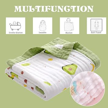 Chickwin Muslins Swaddle Cartoon Printed Blanket for Newborn/Baby, Soft 6 Layers of Cotton Muslins Cloths Bath Towel Toddler Baby Shower Pram Cot Bed Sleeping Throw (110x110cm,Strawberry)