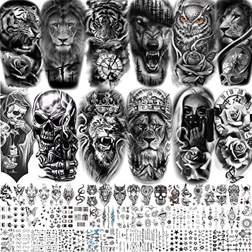 Image of VANTATY 69 Sheets 3D Realistic Tiger Lion Temporary Tattoos For Women Forearm Men Arm, Half Sleeve Wolf Owl Skull Skeleton Waterproof Fake Tattoos For Adults Thigh, Black Animal Bulk Tattoo Sticker