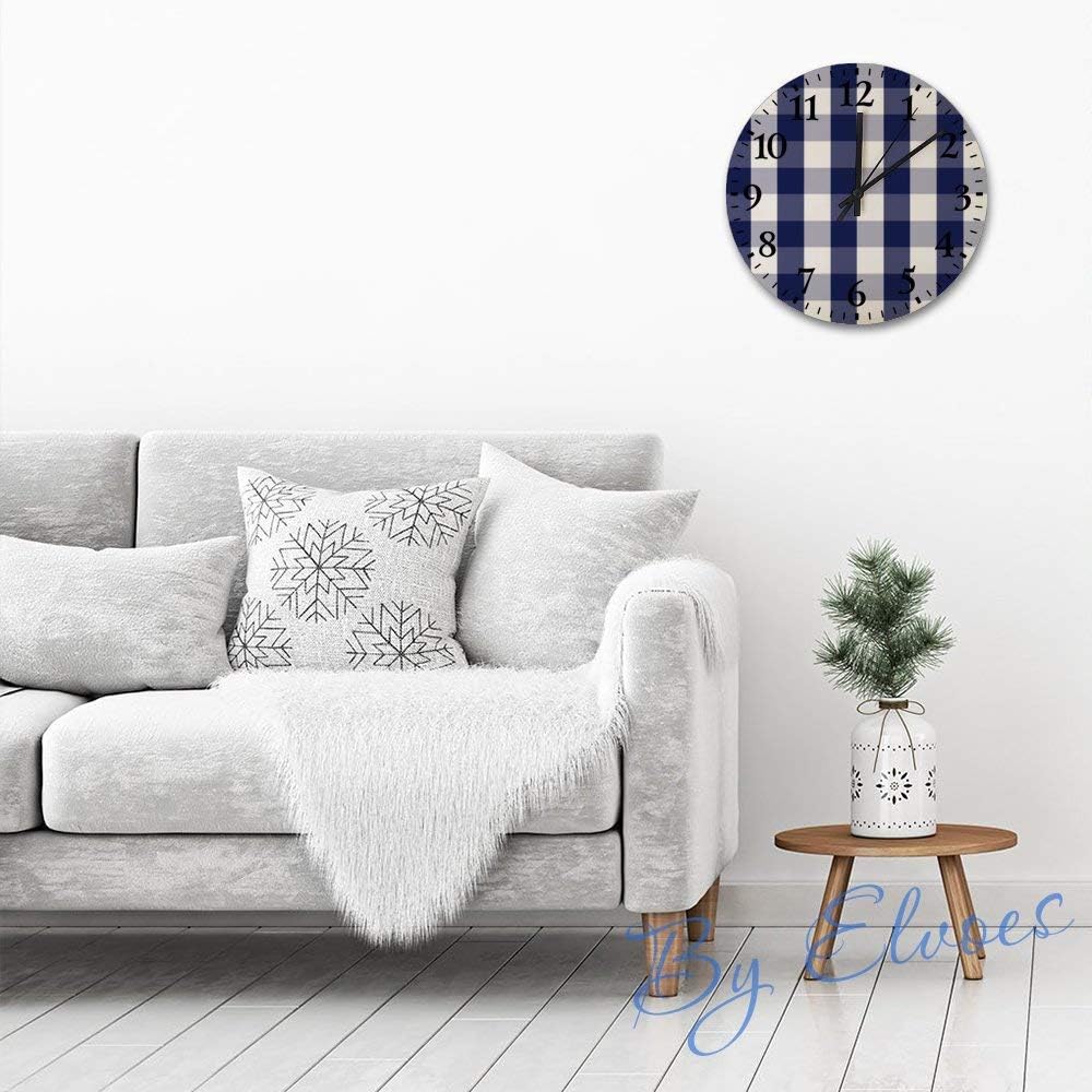 Wood Clocks 12'' Round Wooden Wall Clock Silent Non-Ticking Easy to Read Decorative for Living Room Bedroom Home - Medium Navy Blue and White Gingham