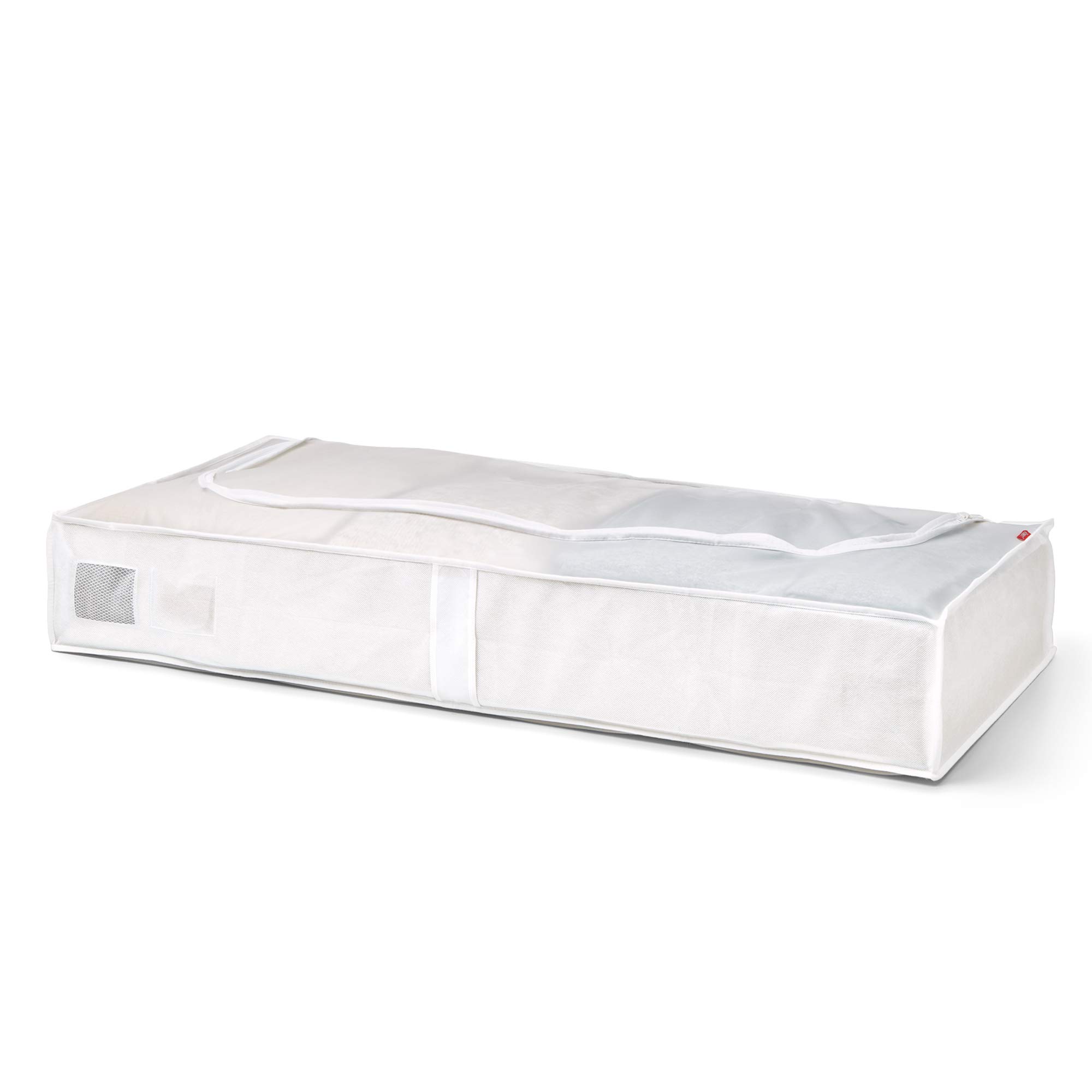 Rayen | Storage box for clothes and bedclothes | Zip-up fabric bag for clothes with breathable, folding and resistant vent | 45 x 103 x 16 cm | White/Translucent