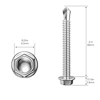 Vista 2 de (150 piezas) #8×2" Tornillos autoperforantes con cabeza hexagonal de arandela, Tornillos para chapa metálica de acero inoxidable 410, Tornillos TEK