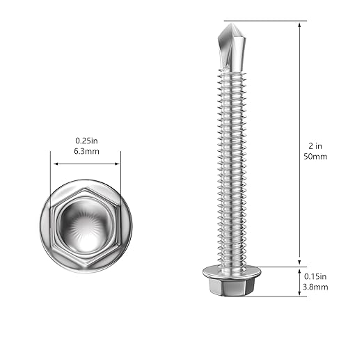 Miniatura 2 de (150 piezas) #8 × 2 pulgadas Tornillos autoperforantes con cabeza hexagonal de arandela, 410 tornillos de metal de acero inoxidable, tornillos TEK,