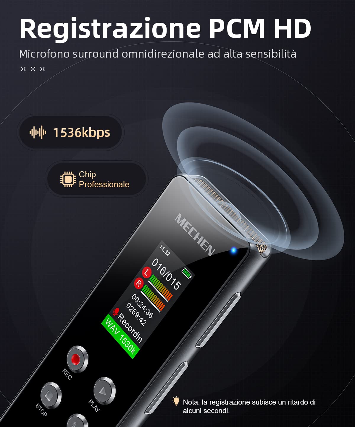 MECHEN 64GB Registratore Vocale Portatile, 1536Kbps VOR Registratore Audio, Solo Clic, Riproduzione MP3, per Lezioni Riunioni (64, GB)