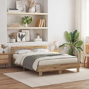 vidaXL Marco de Cama de Roble Macizo Artesanal con Iluminación LED Se Ajusta a Colchón de 150 x 200 cm Decorar el Dormitorio Diseño Artesanal Duradero Ideal para Adultos Unisex Ligero y