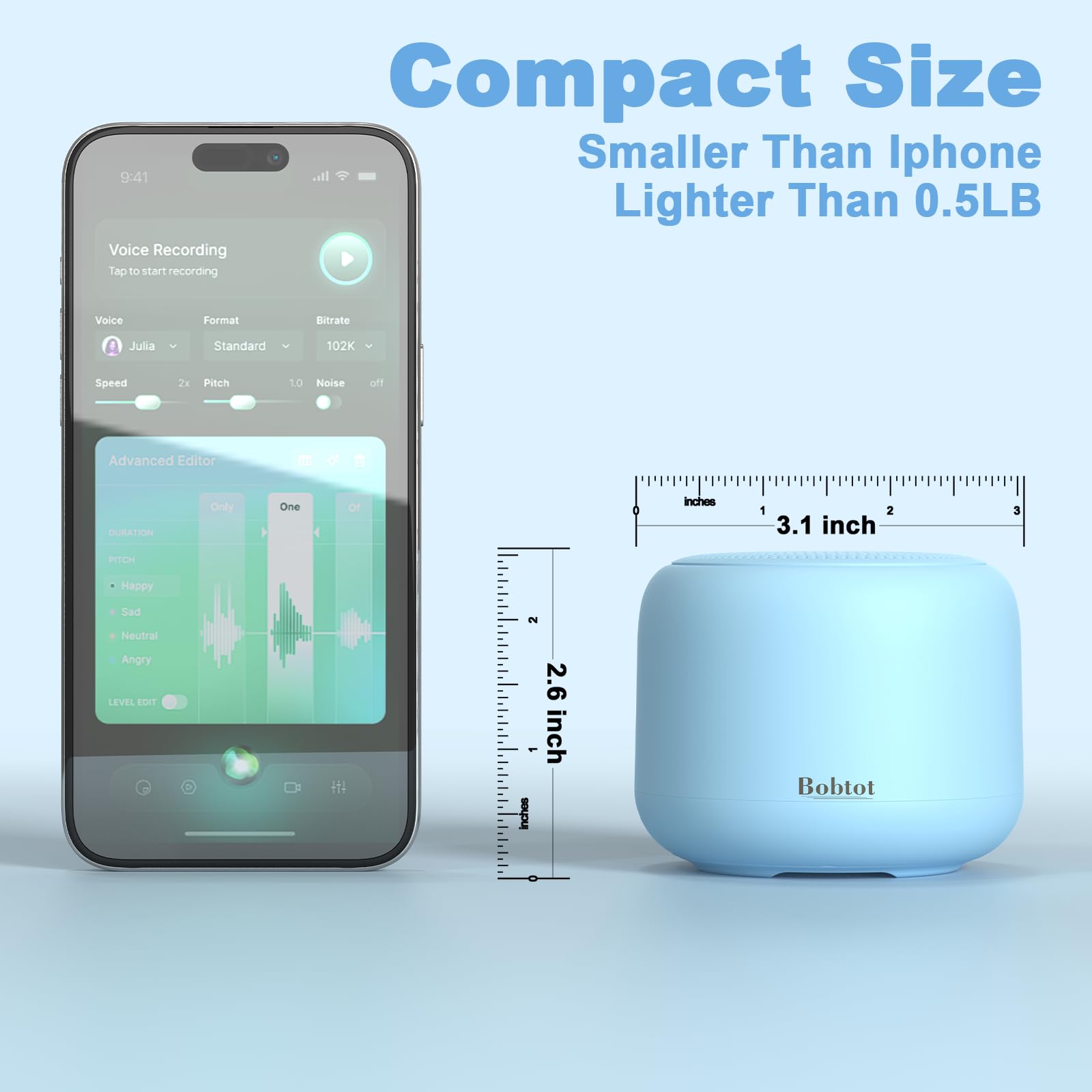 Bobtot Altoparlante Bluetooth portatile piccolo con suono stereo forte, mini altoparlante con microfono integrato, chiamata in vivavoce, batteria ricaricabile con cinturino facile da trasportare, blu