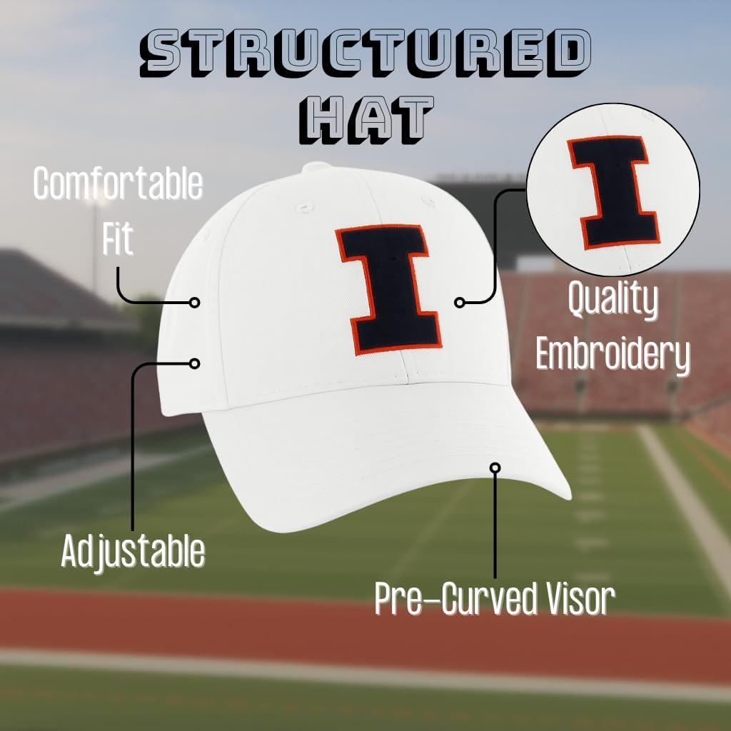 Officially Licensed University Illinois Illini White MVP Hat Classic Primary Team Logo Adjustable Embroidered Blue/Orange Baseball Sports Cap