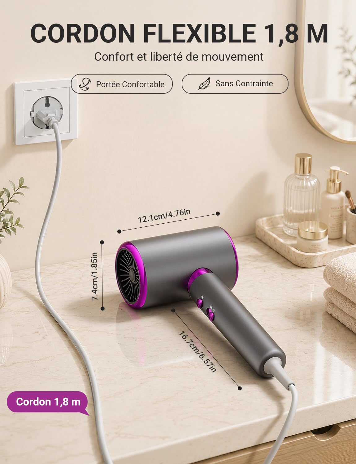 Sèche Cheveux 2400W Séchage Rapide Ionique avec Diffuseur Boucles | 3 Températures 2 Vitesses Air Froid Concentrateur Léger et Compact pour Brushing Maison Voyage
