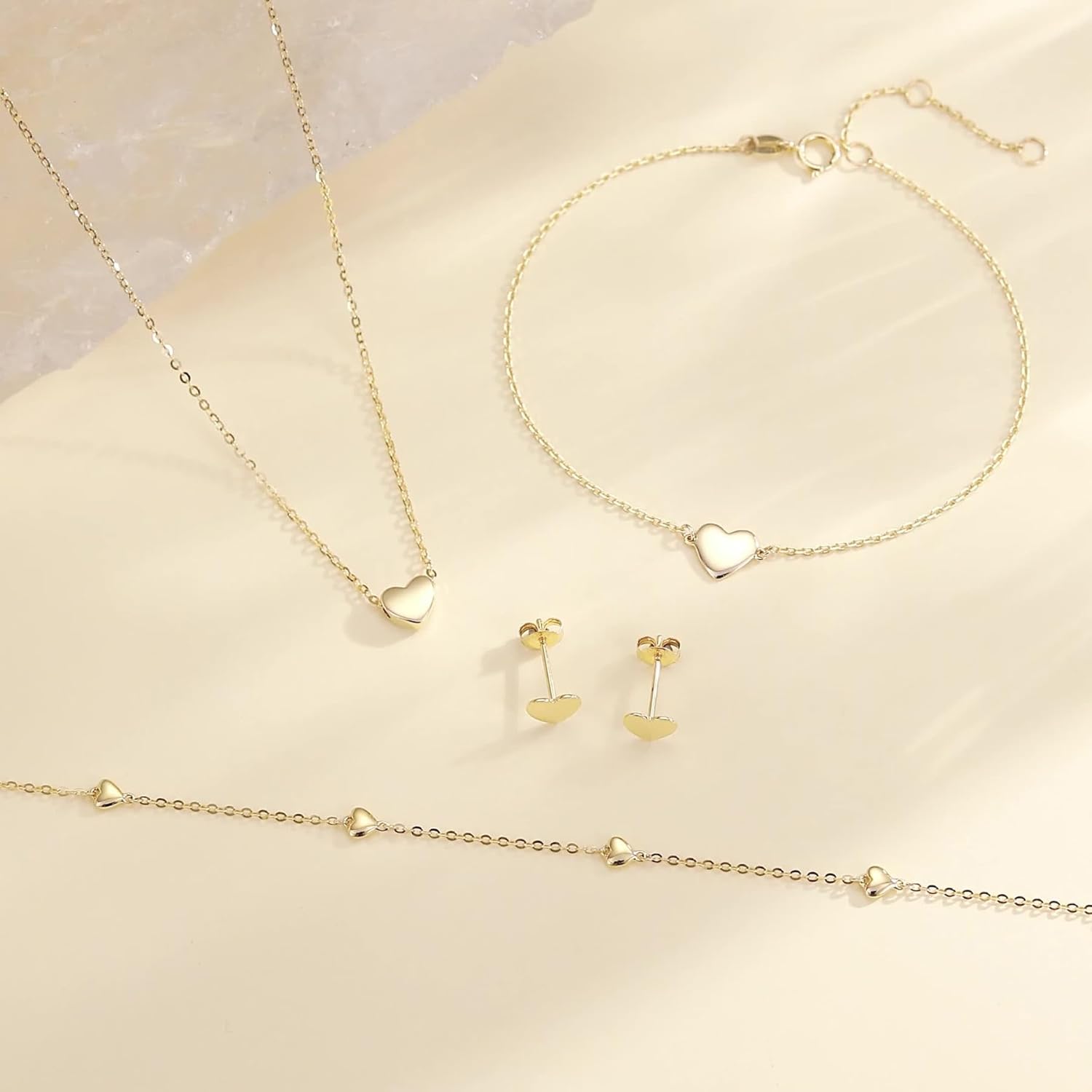 FANCIME 14k Solid Yellow Gold Heart Charm Bracelet Fine Jewelry Anniversary Birthday Gifts for Women, 6.7"+ 1.2" Extender