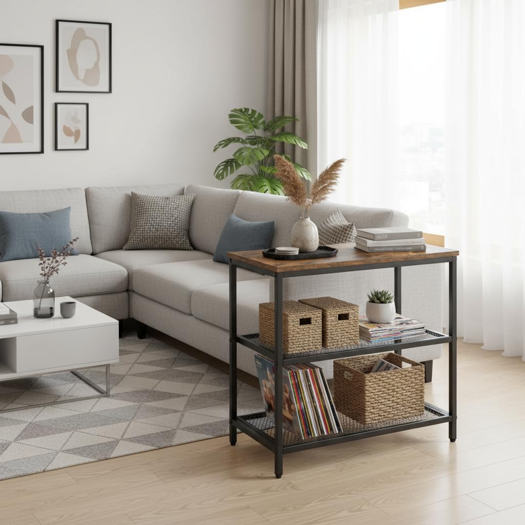 FurnitureR 3-Tier Storage Organizer, Small Console Table, Entrance Rack, Side Table with 2 Layers of Mesh, Metal Frame, Upright Shelf for The Home, Sofa End, Kitchen, Dining, Living, Hallway - 3